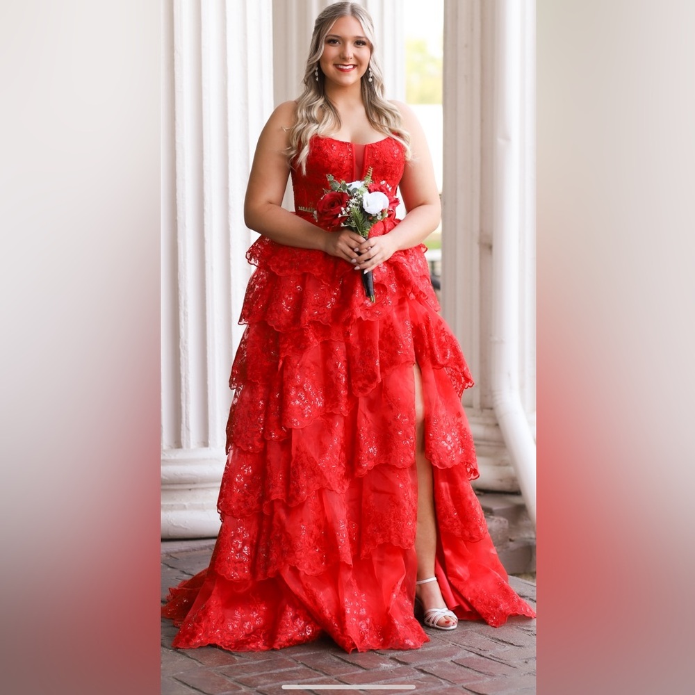 Jovani Red Sequin Ruffle Prom Dress Size 10 - Picture 2 of 6